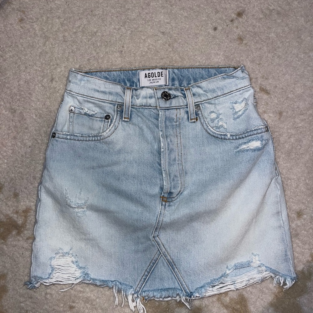 Agolde Distressed Light Blue Denim Pencil Skirt